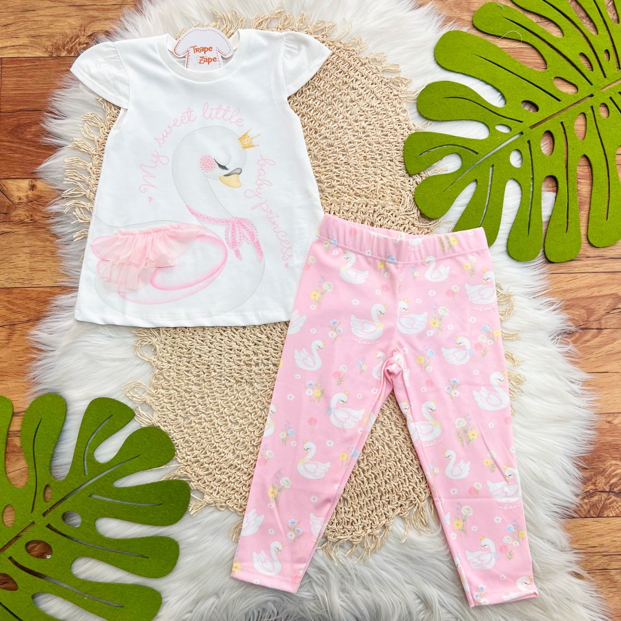 Conj. Blusa My Sweet Little  e Legging Cisnes- Rosa e Off White